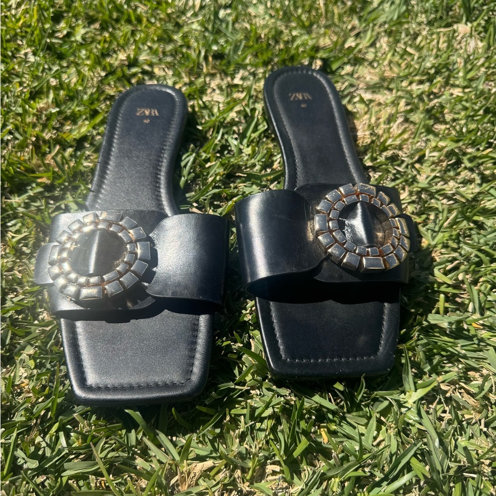 Zara Black Leather Slide Mules with Gold-Tone Decorative Buckles